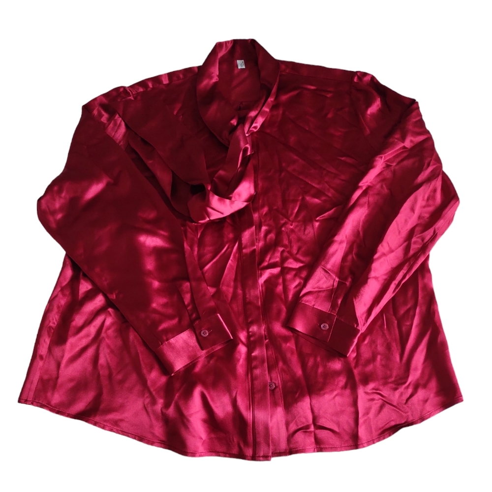 LilySilk XXL 100% Mulberry Silk Red Long Sleeve Tie Neck Button Front Top